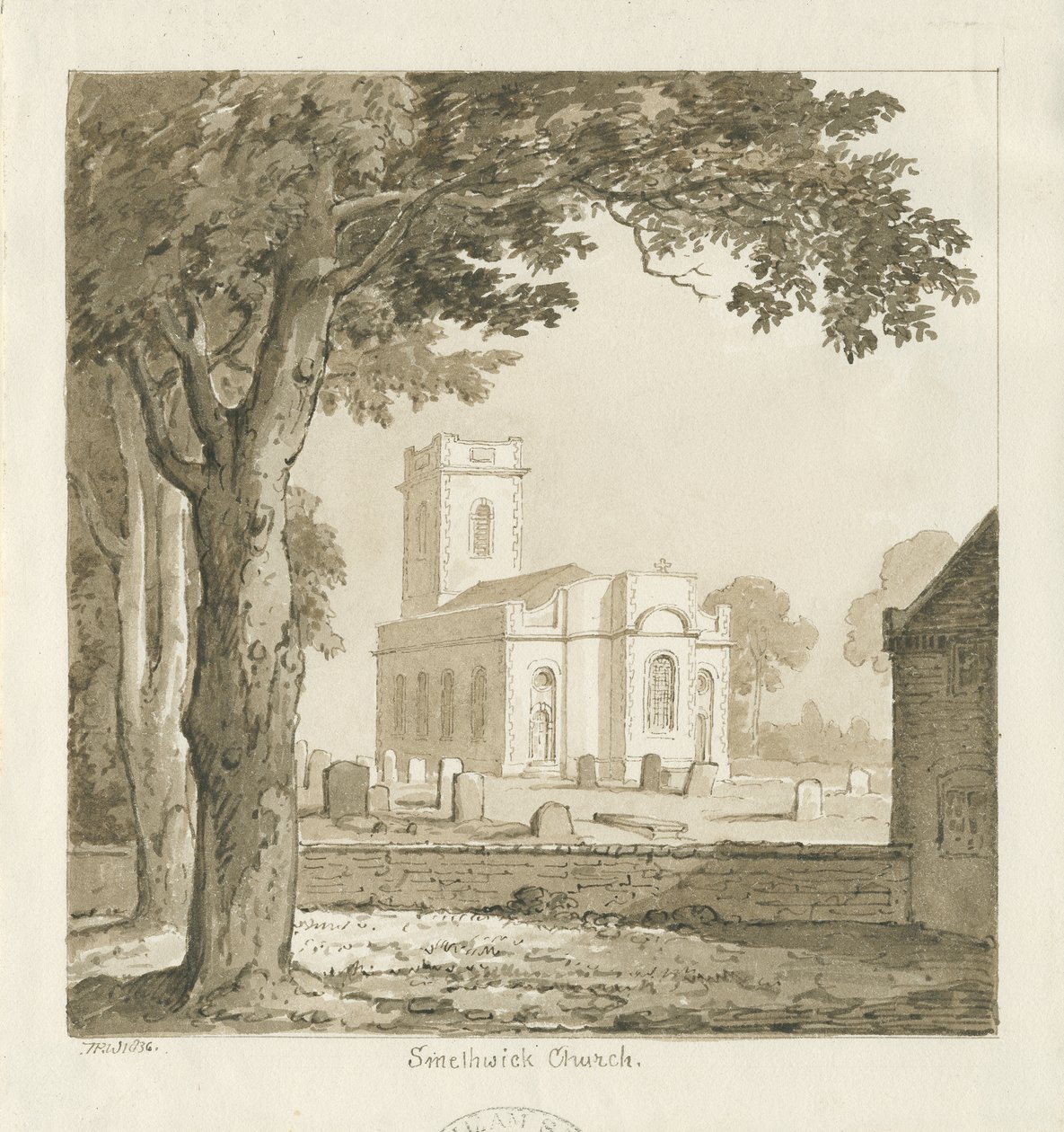 Smethwick Church: sepia-tegning, 1836 av Thomas Peploe Wood