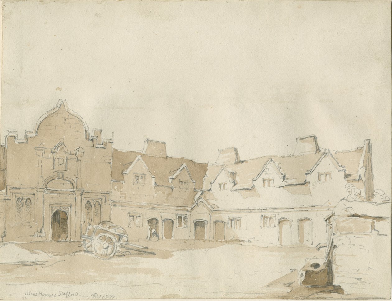 Stafford - Alms Houses: pennetegning, 1837 av Thomas Peploe Wood