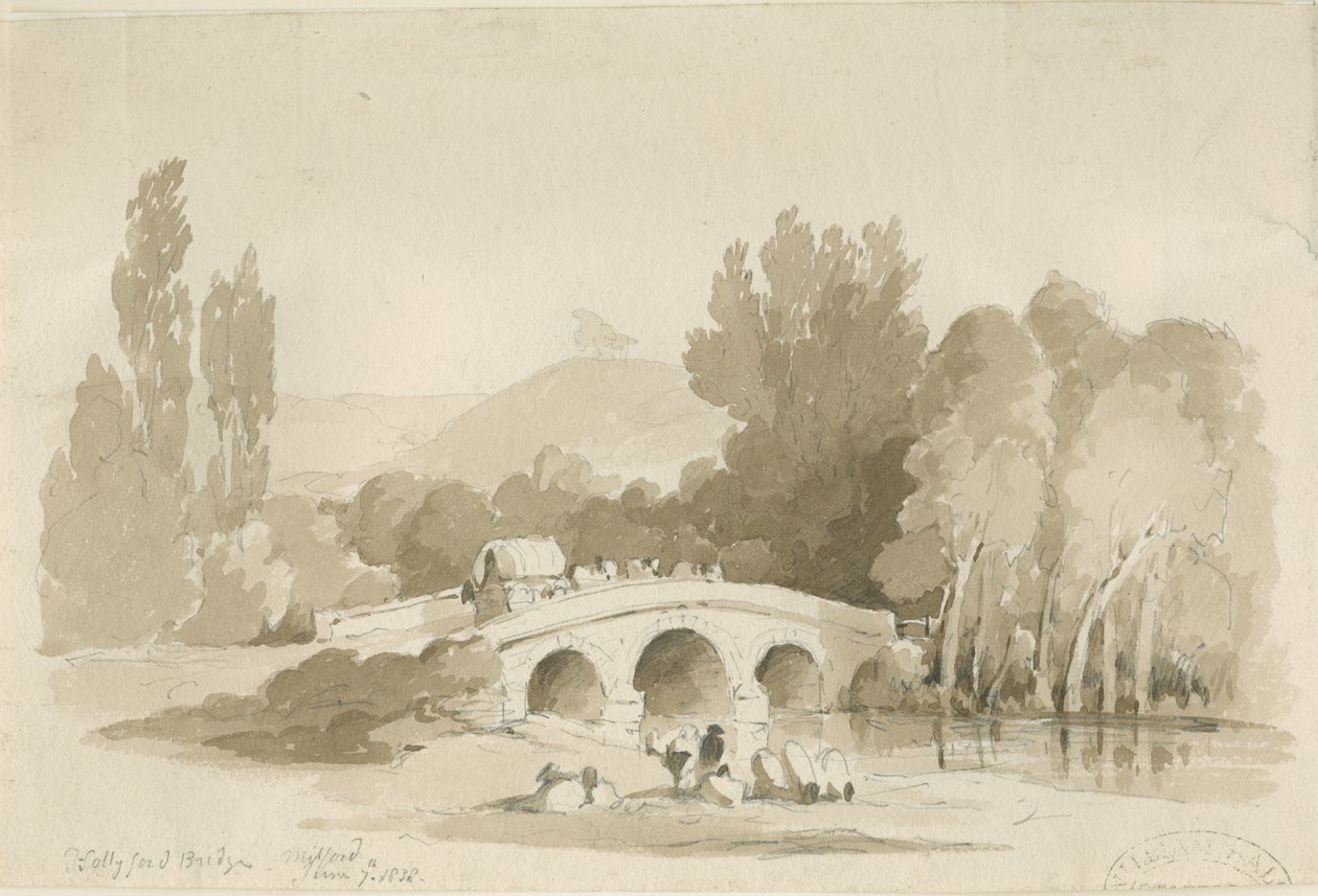 Stafford - Hollyford Bridge, Milford: sepia-tegning, 7. juni 1838 (tegning) av Thomas Peploe Wood