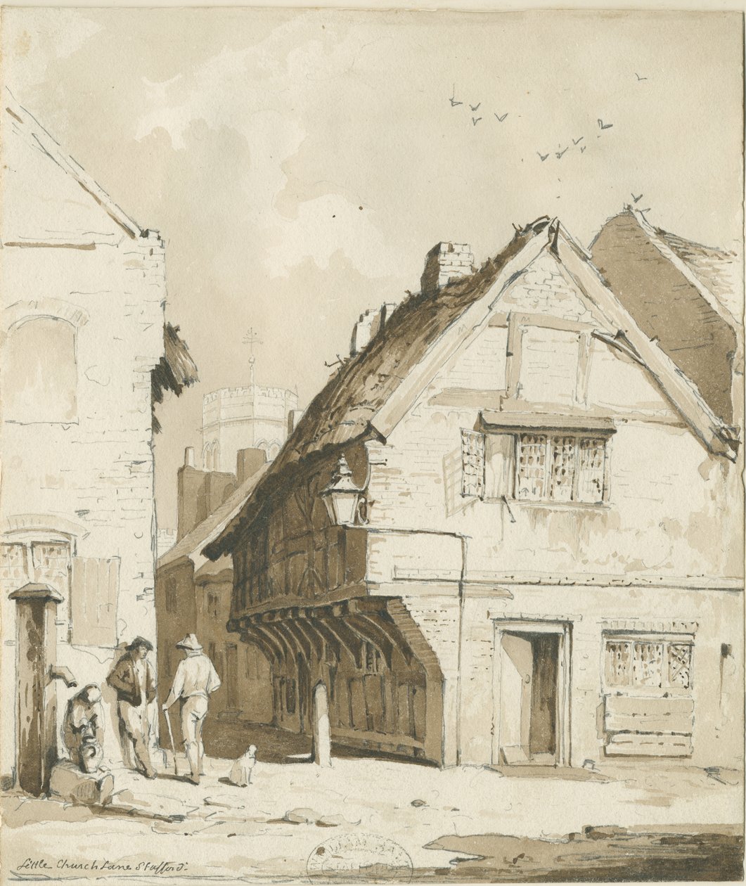 Stafford - Little Church Lane: sepia-tegning, nd [c 1837] av Thomas Peploe Wood