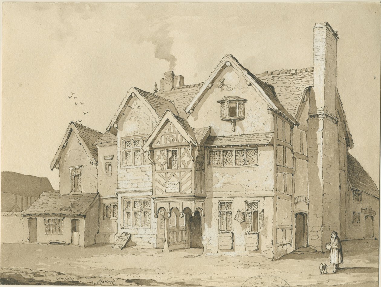 Stafford - [Old Houses in Crabbery Lane]: sepia- og penntegning av Thomas Peploe Wood