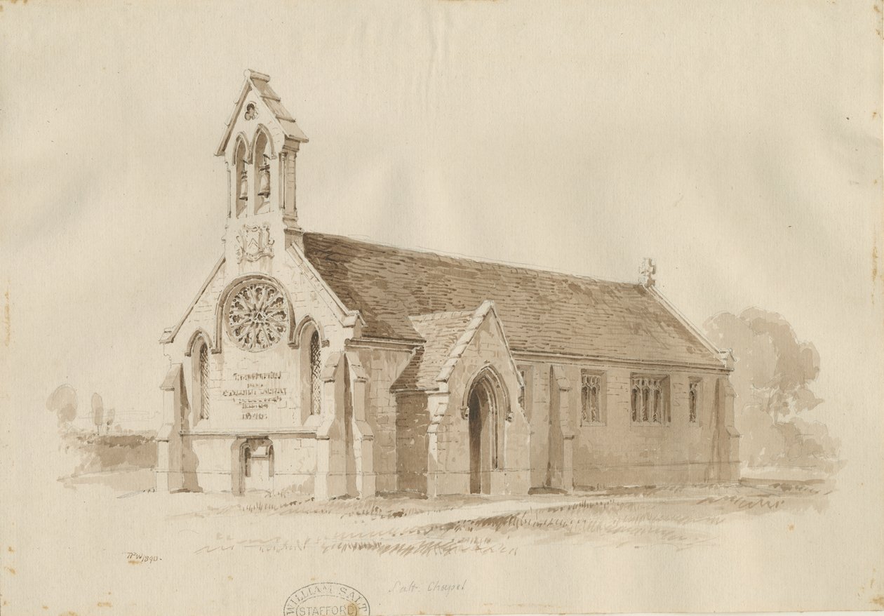 Stafford - Salt Chapel [St. James"]: penn- og vasketegning, 1840 av Thomas Peploe Wood