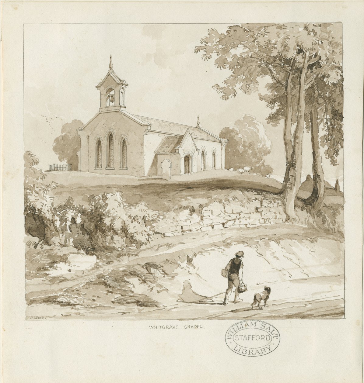 Stafford - Whitgreave Chapel: sepia-tegning, nd [c 1838] (tegning) av Thomas Peploe Wood