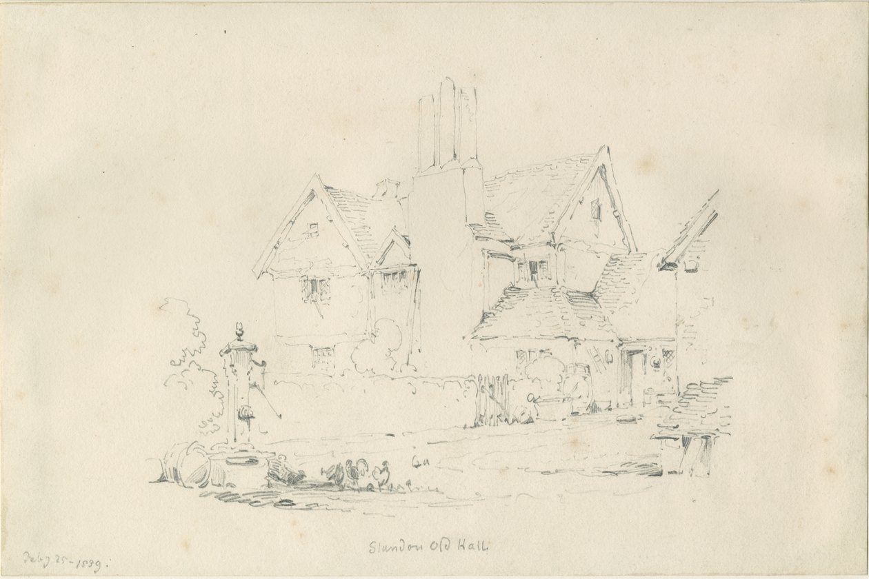 Standon Hall: blyanttegning, 25. februar 1839 av Thomas Peploe Wood