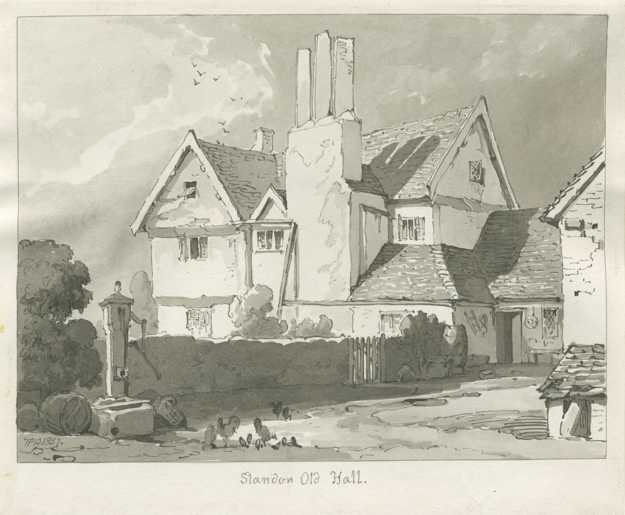 Standon Hall: sepia-tegning av Thomas Peploe Wood