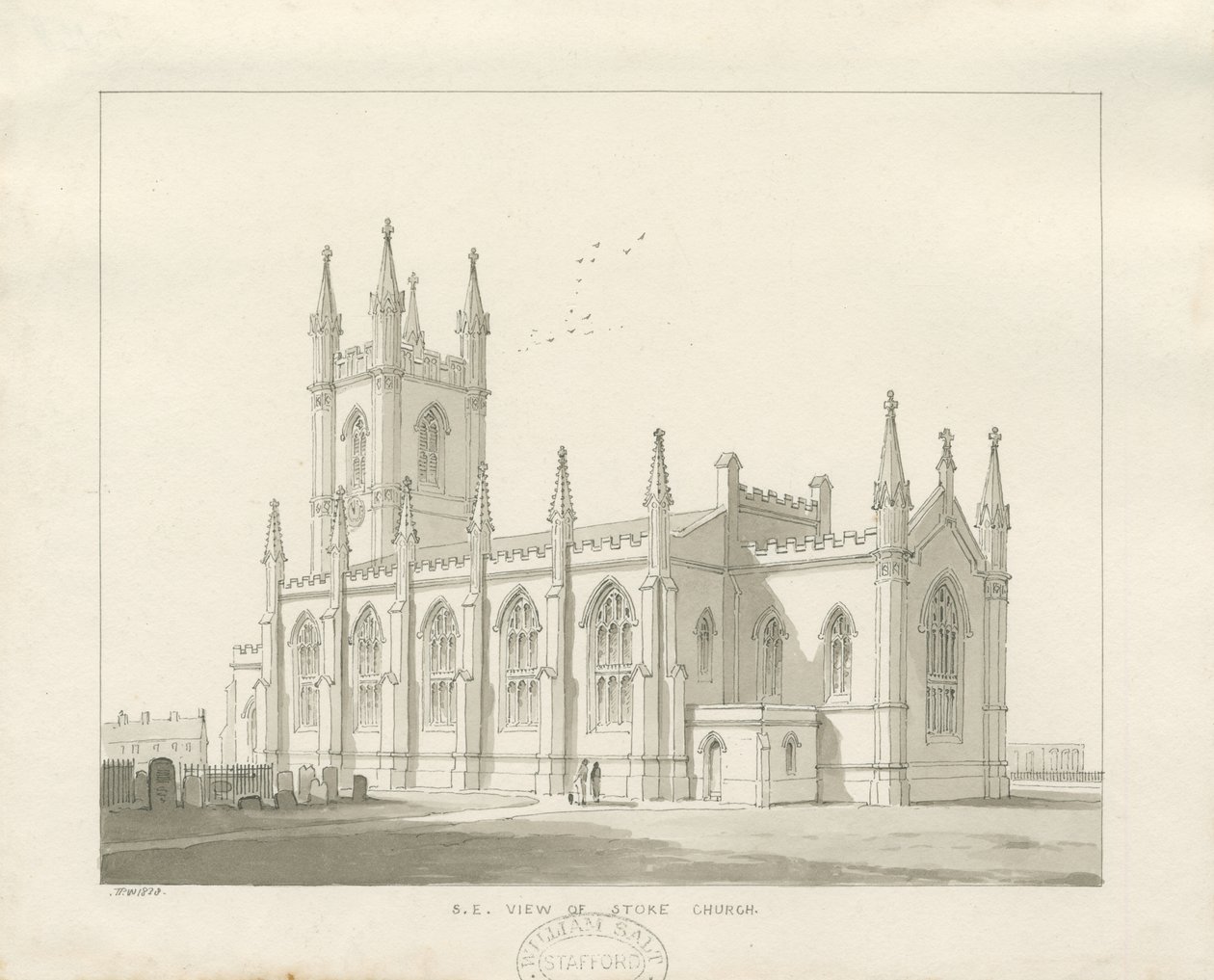 Stoke-upon-Trent Church [Ny]: sepia-tegning av Thomas Peploe Wood