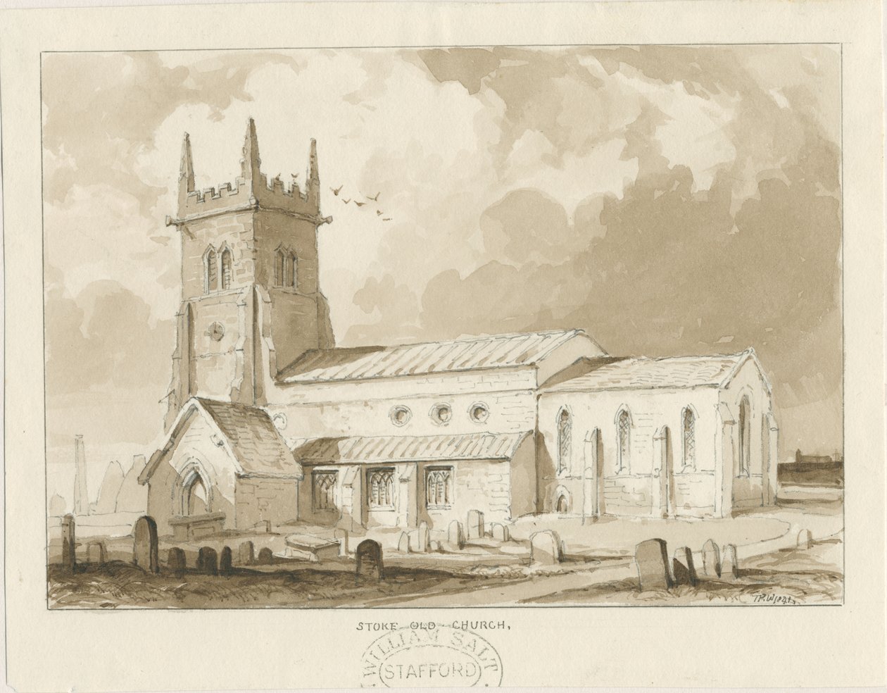 Stoke-upon-Trent kirke [gammel]: sepia-tegning, 1841 av Thomas Peploe Wood