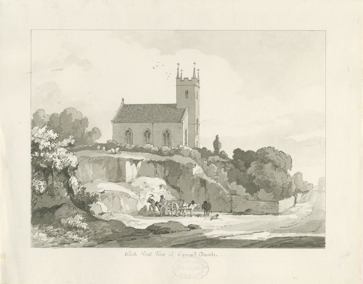 Stonnall kirke: penn og vask tegning av Thomas Peploe Wood