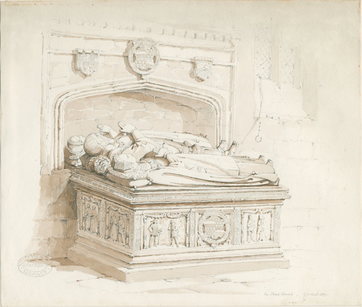 Stowe Church - Bordgrav [av Sir Walter Devereux]: sepia-tegning av Thomas Peploe Wood