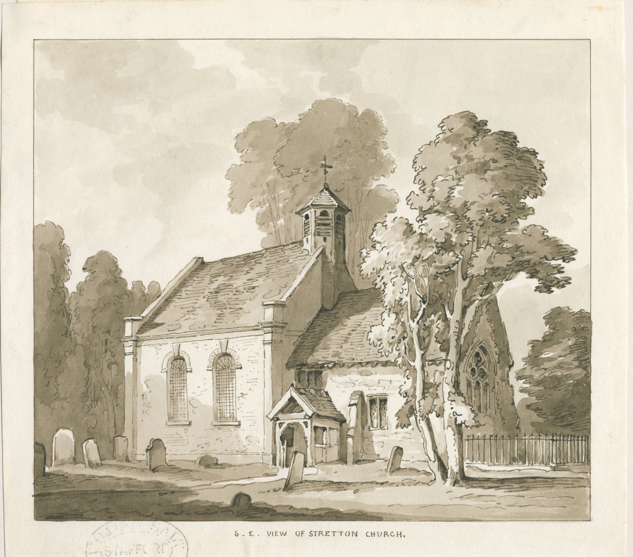 Stretton Church: sepia vask tegning, nd [?1838] av Thomas Peploe Wood