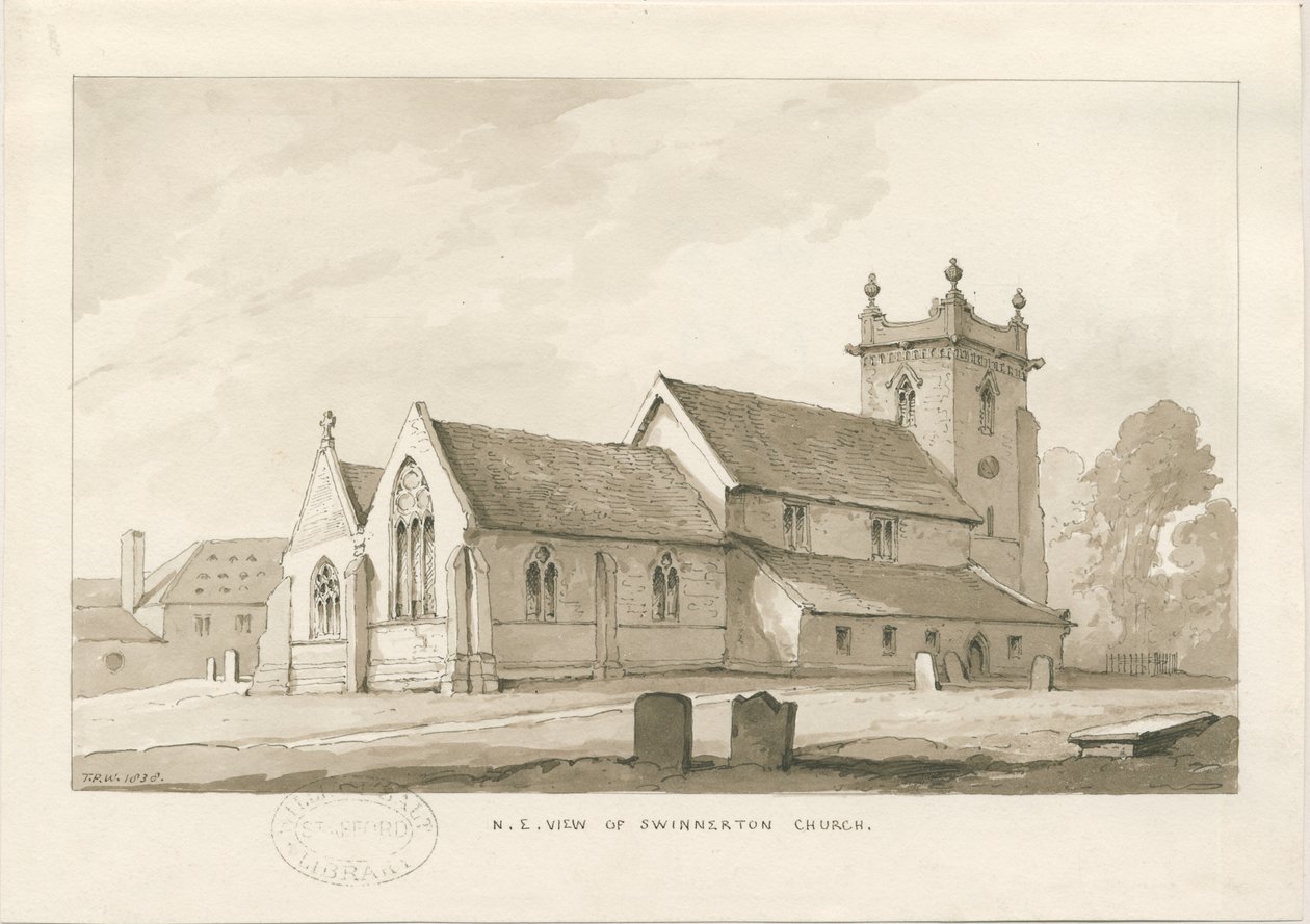 Swynnerton Church: sepia vasketegning, 1838 av Thomas Peploe Wood