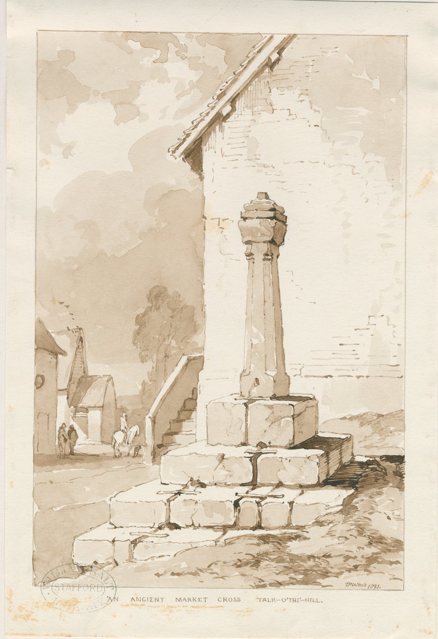 Talke - Ancient Market Cross: sepia-tegning av Thomas Peploe Wood