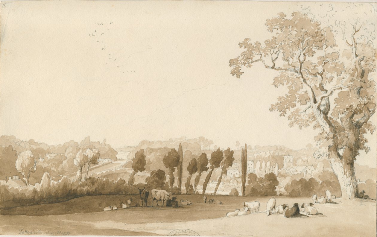Tettenhall - Distant View from South East: blyant- og vasketegning, 30. august 1837 av Thomas Peploe Wood