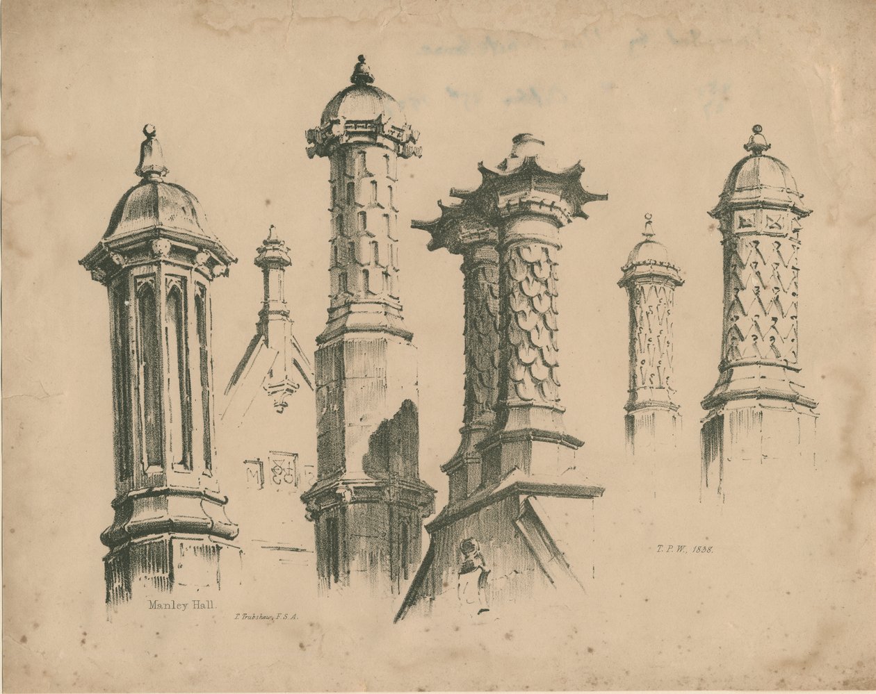 Thickbroom Hall ["Manley Hall"] - Finials og skorsteiner: litografi, 1838 av Thomas Peploe Wood
