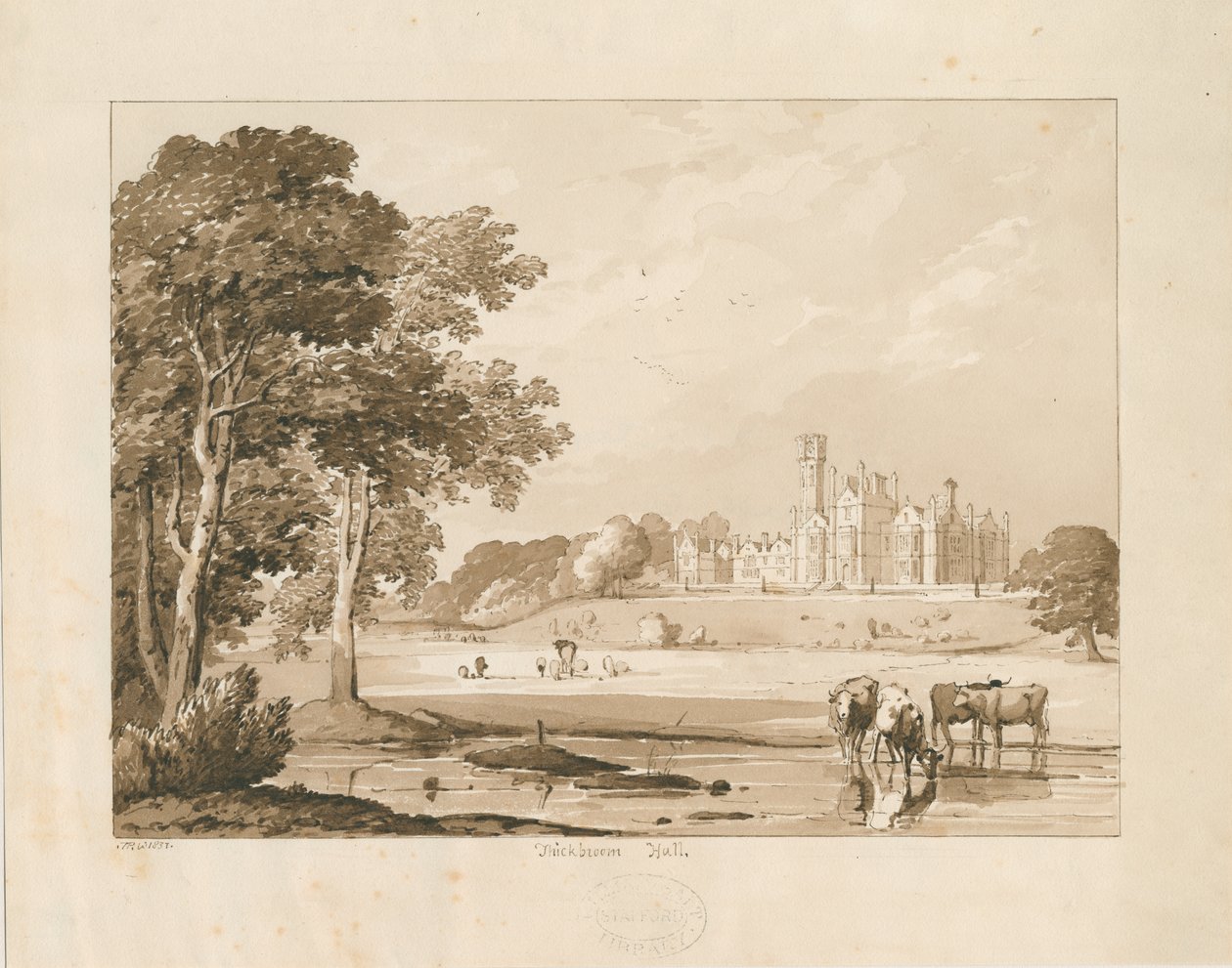 "Thickbroom Hall" [Manley Hall]: sepia vasketegning, 1837 av Thomas Peploe Wood