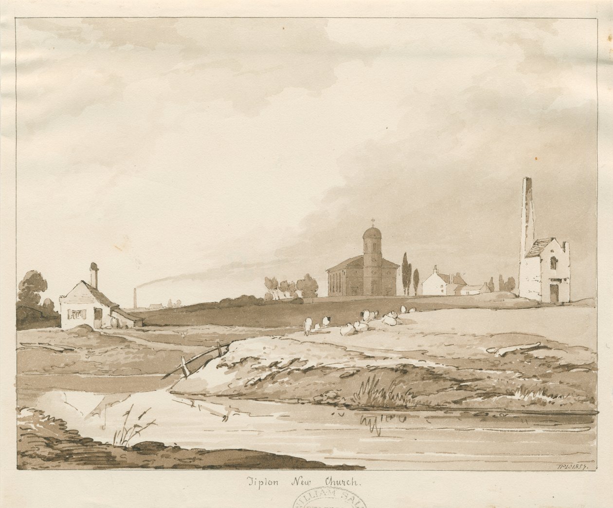 Tipton New Church: sepia vask tegning av Thomas Peploe Wood