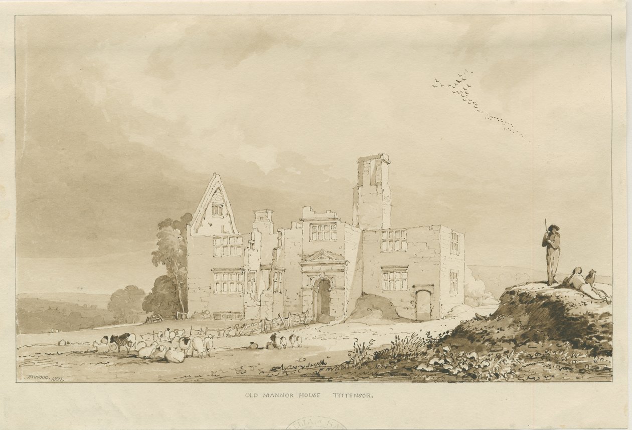 Tittensor - Old Manor House: sepia vasketegning, 1837 av Thomas Peploe Wood