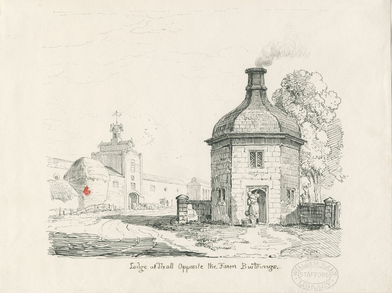 Tixall - Lodge: penn- og blekktegning av Thomas Peploe Wood