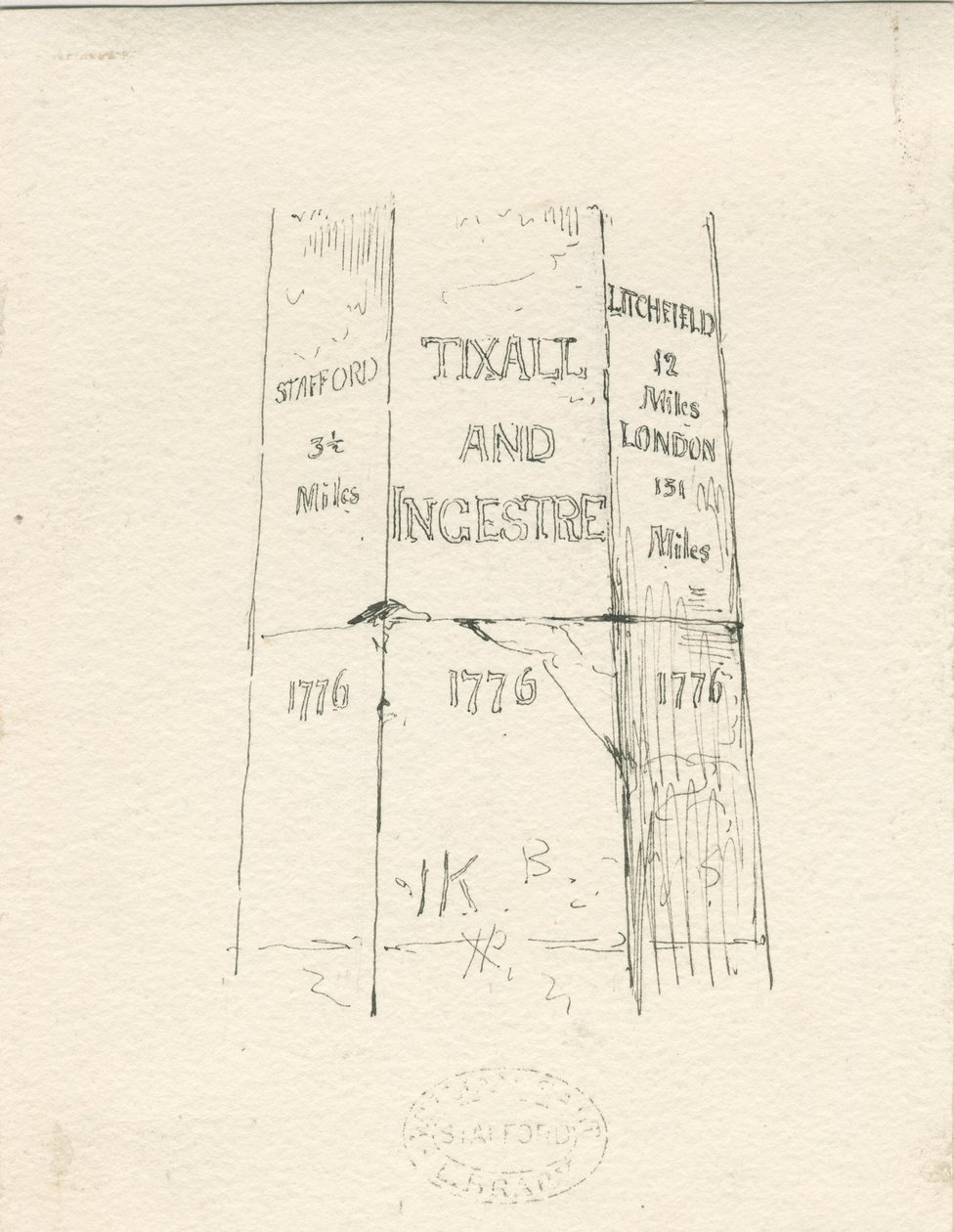 Tixall - Steinsøyle som viser kjørelengde: penn- og blekktegning, nd [midten av 1800-tallet] (tegning) av Thomas Peploe Wood