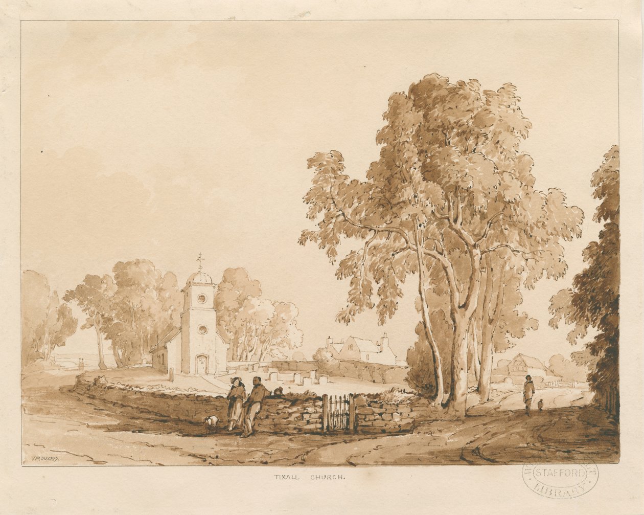 Tixall kirke: rød-sepia-tegning, 1837 av Thomas Peploe Wood