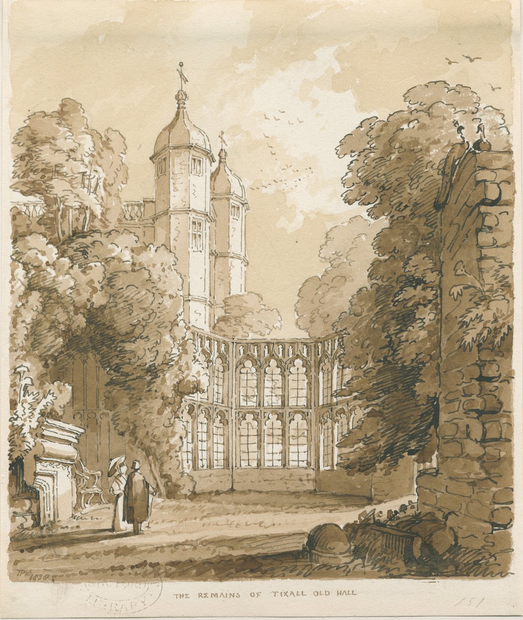 Tixall Hall: penn og vask tegning, 1838 av Thomas Peploe Wood