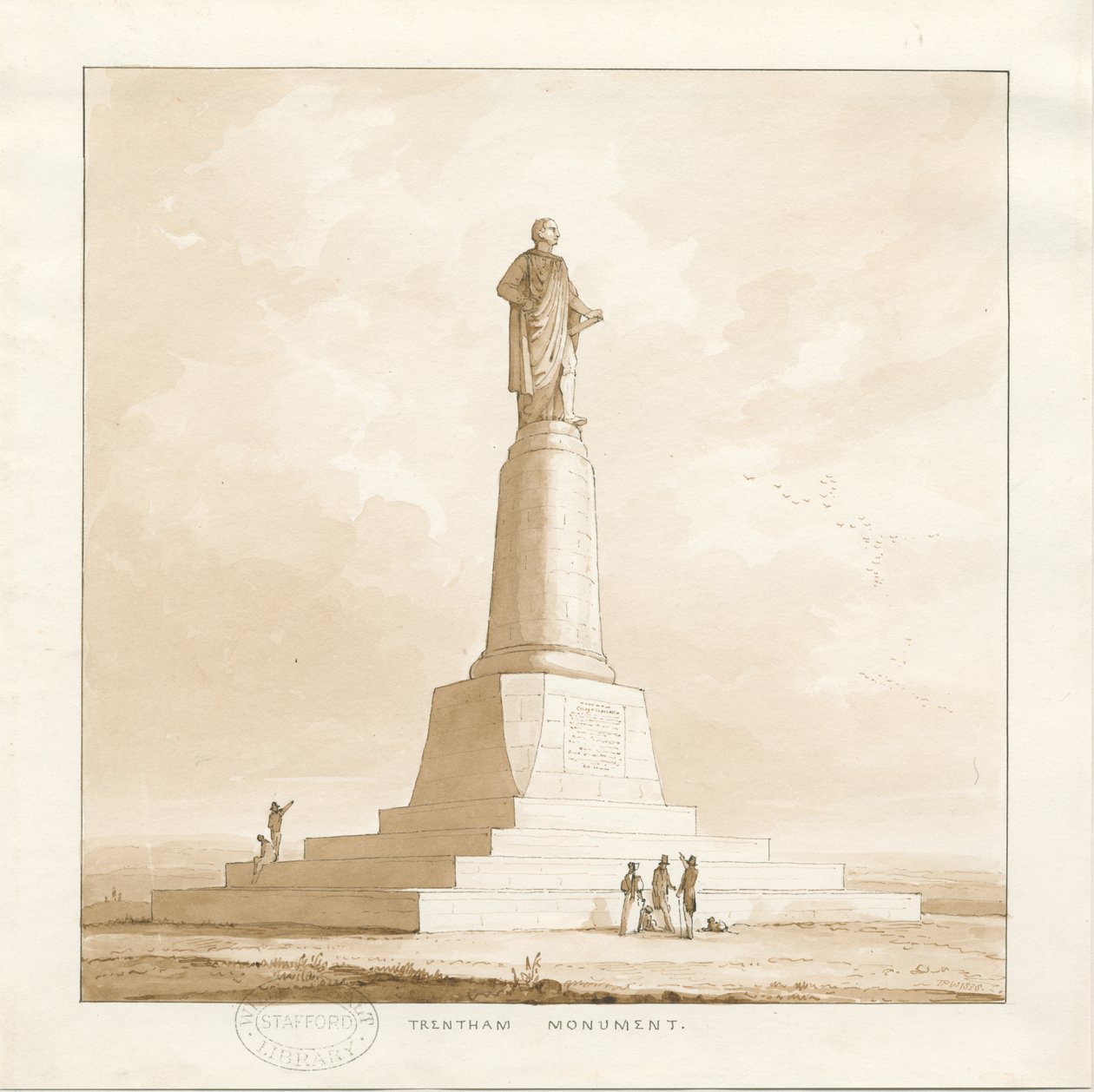 Trentham - Monument til hertugen av Sutherland: penn- og vasketegning, 1838 av Thomas Peploe Wood