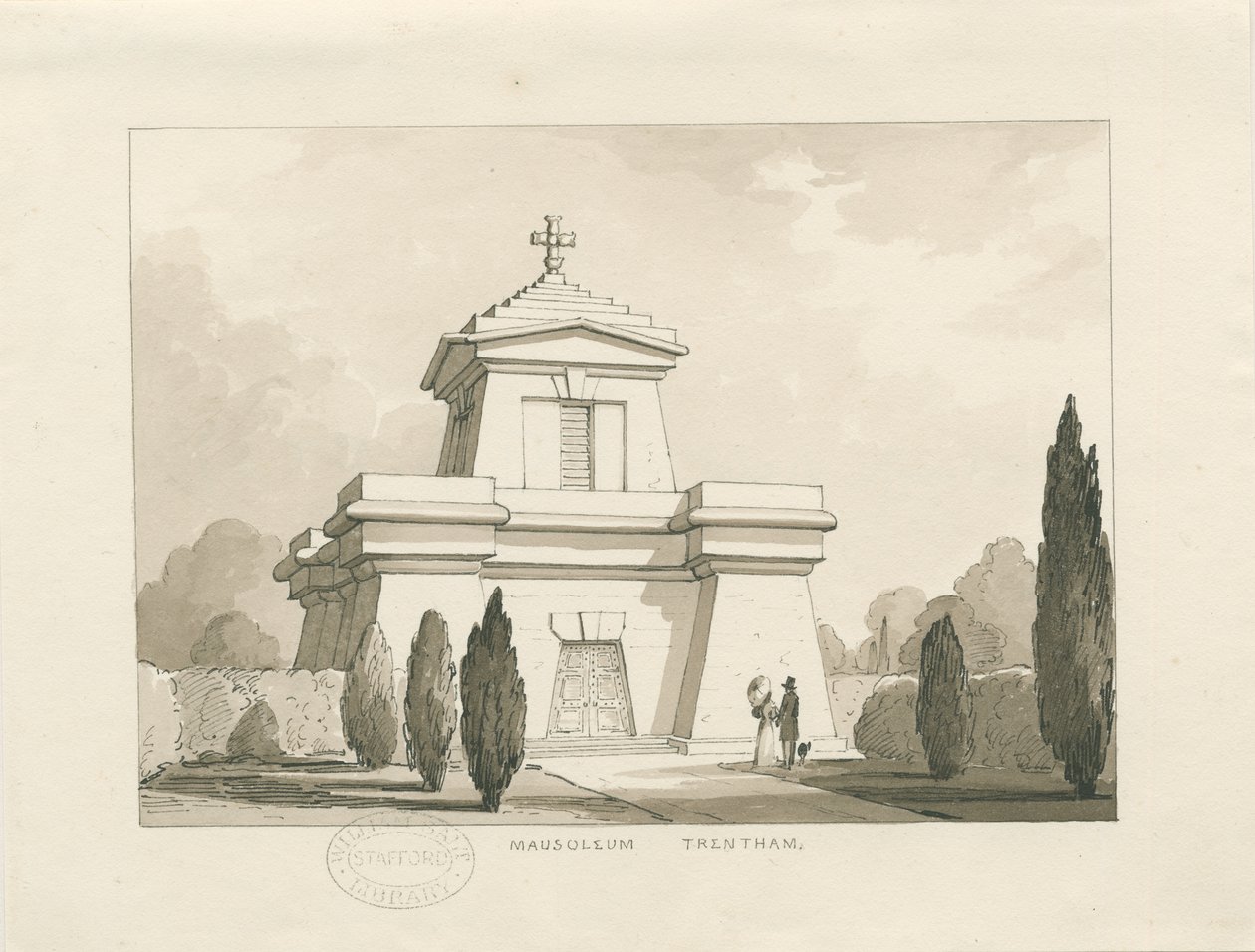 Trentham - The Mausoleum: penn og vask tegning, nd [?1838] (tegning) av Thomas Peploe Wood
