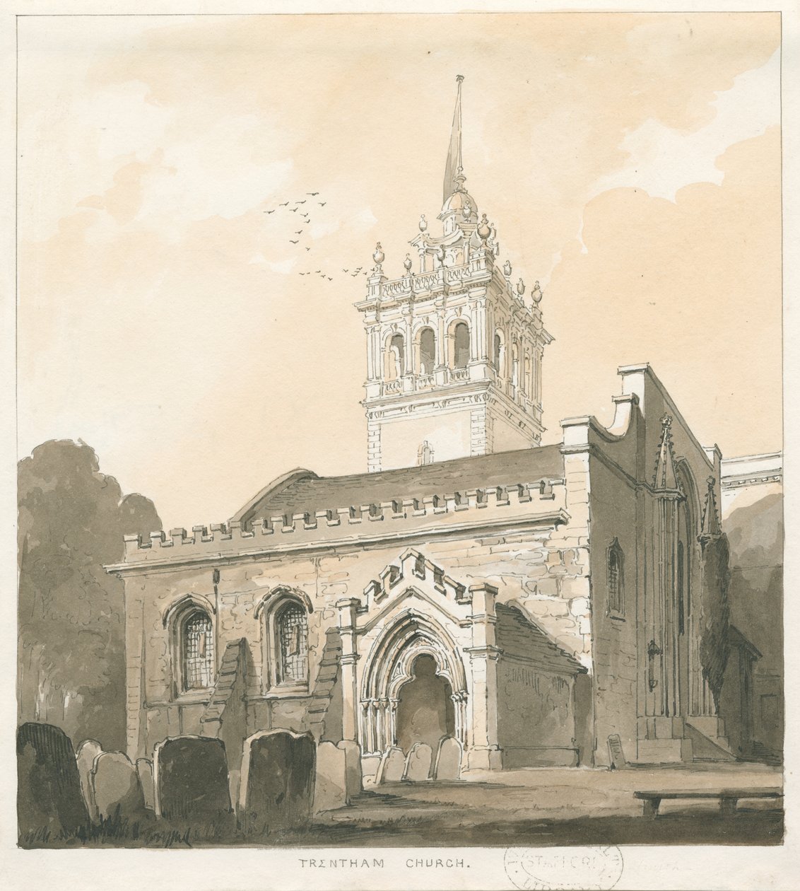 Trentham Church: sepia og gul vask tegning, nd [?1838] av Thomas Peploe Wood