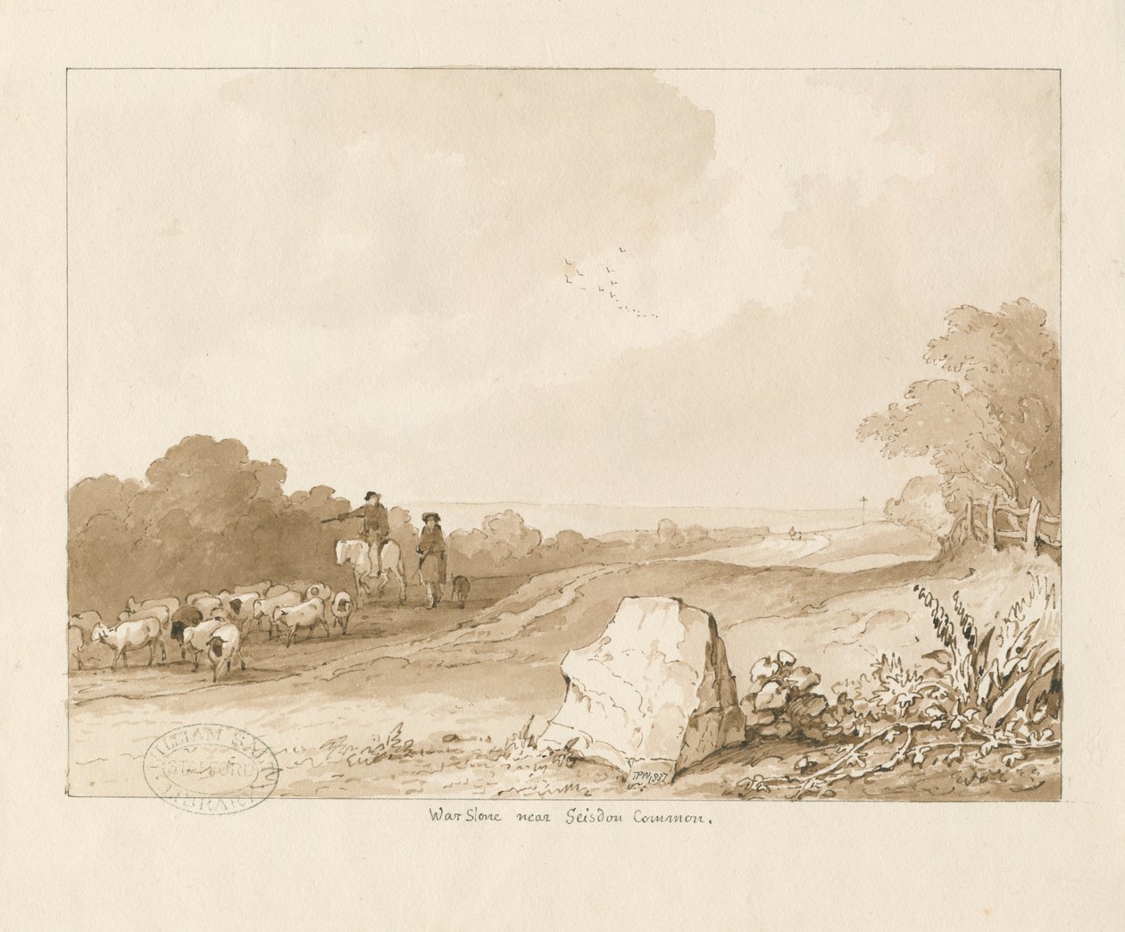 Trysull - "War Stone near Seisdon Common": penn og sepia vask tegning, 1837 av Thomas Peploe Wood