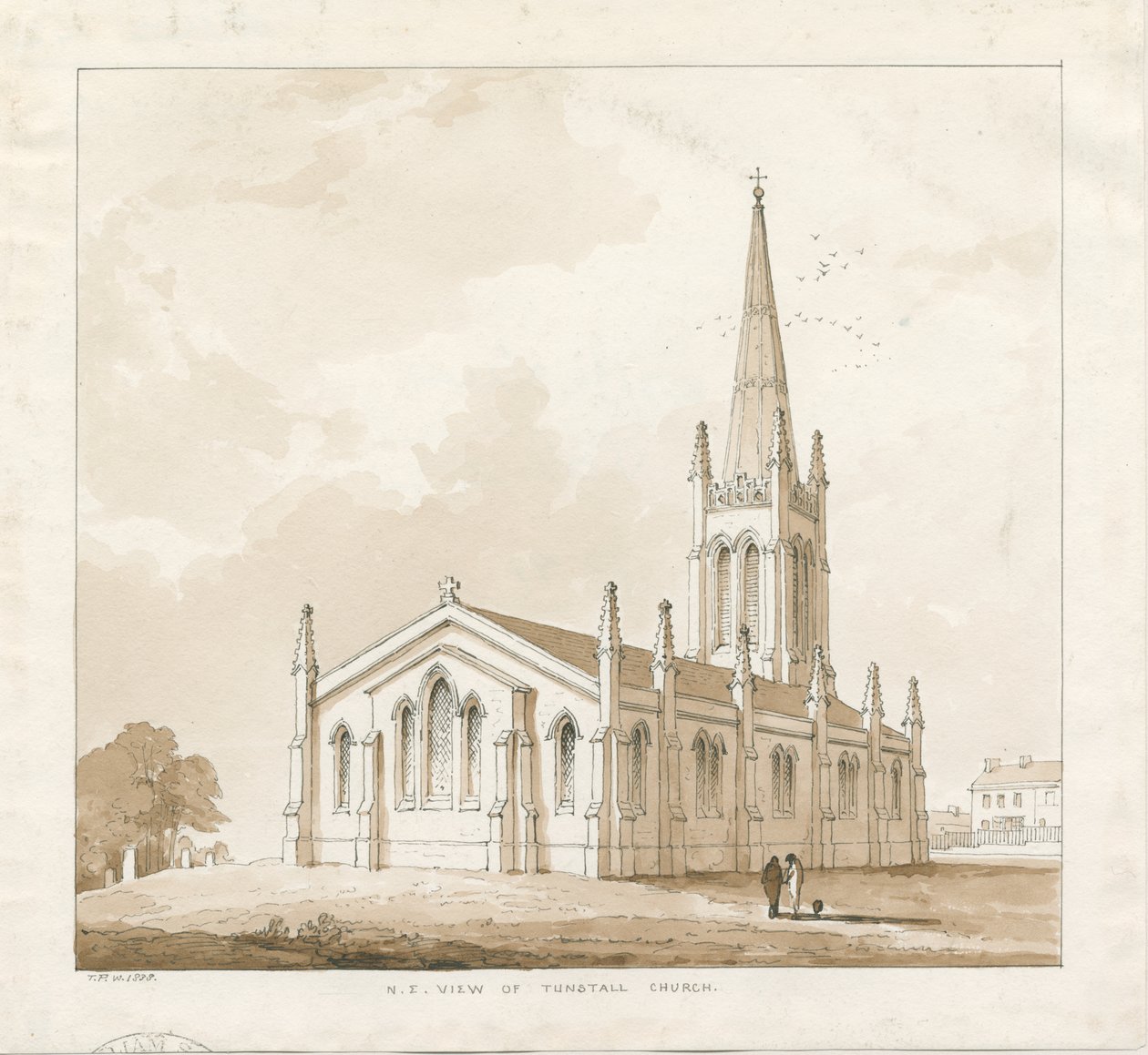 Tunstall kirke: penn og vask tegning, 1838 av Thomas Peploe Wood