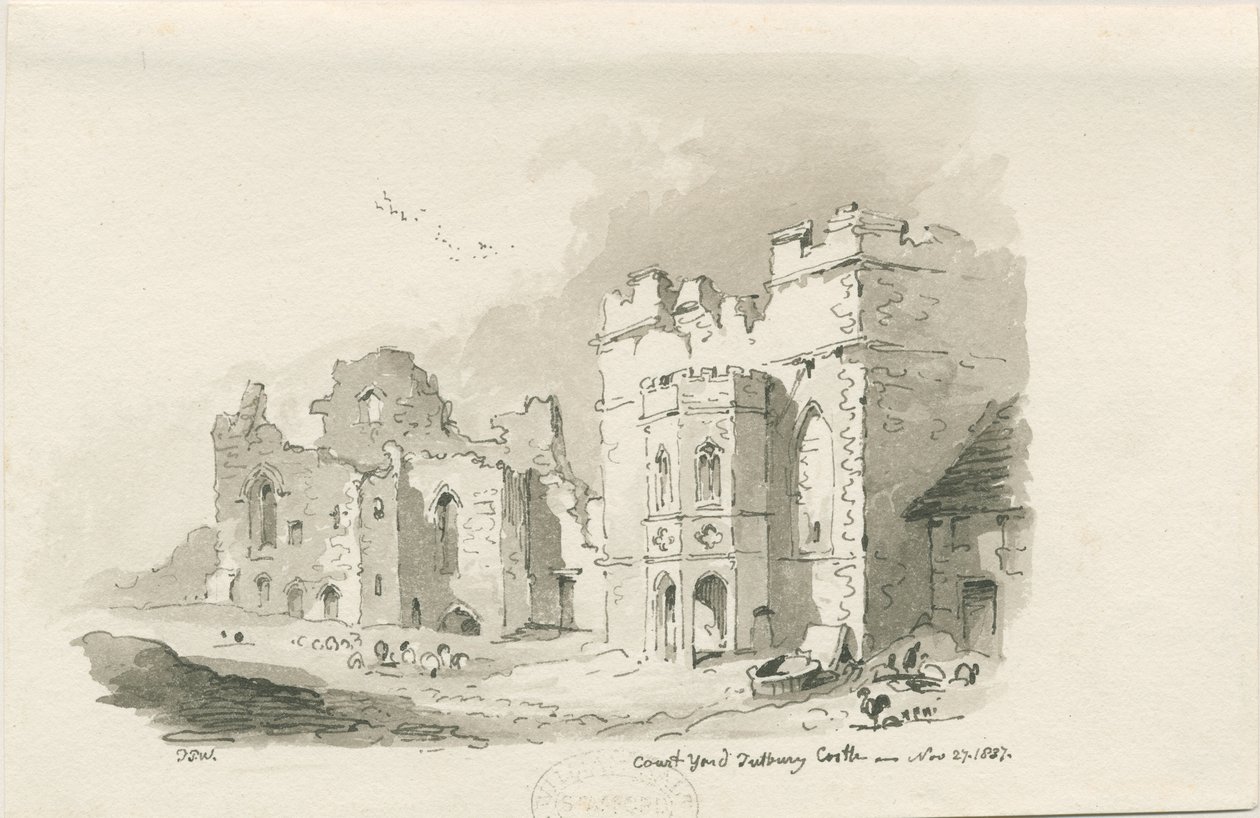 Tutbury Castle - Court Yard: penn- og vasketegning, 27. november 1837 av Thomas Peploe Wood