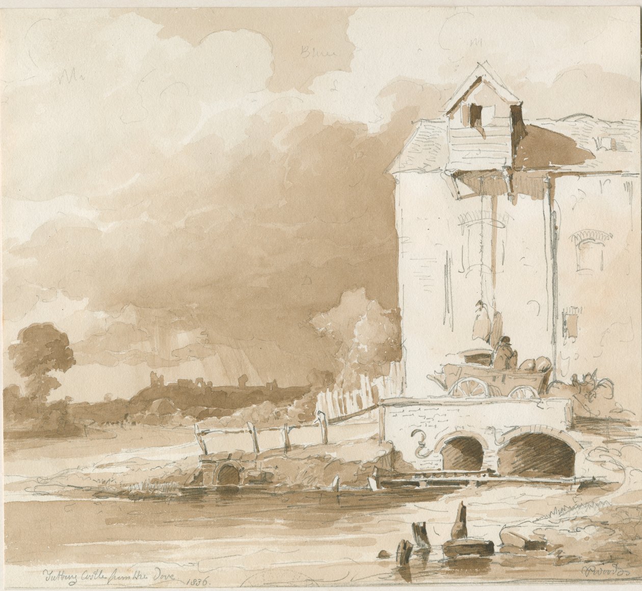 Tutbury Castle: Fjernsyn fra elven Dove: blyant- og vasketegning, 1836 av Thomas Peploe Wood