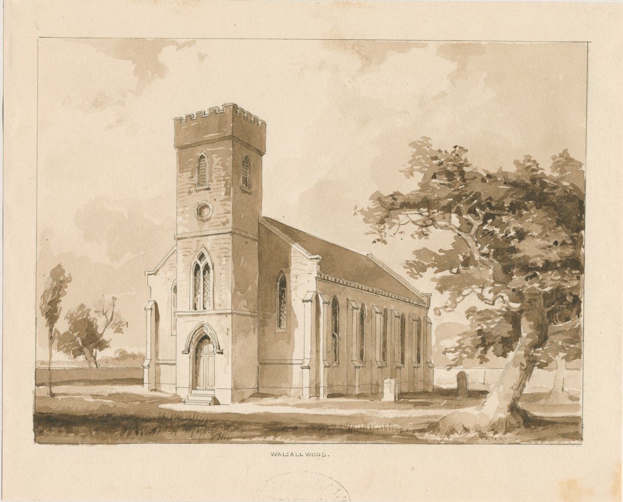 Walsall Wood Church: sepia-tegning, nd [1817-1845] (tegning) av Thomas Peploe Wood