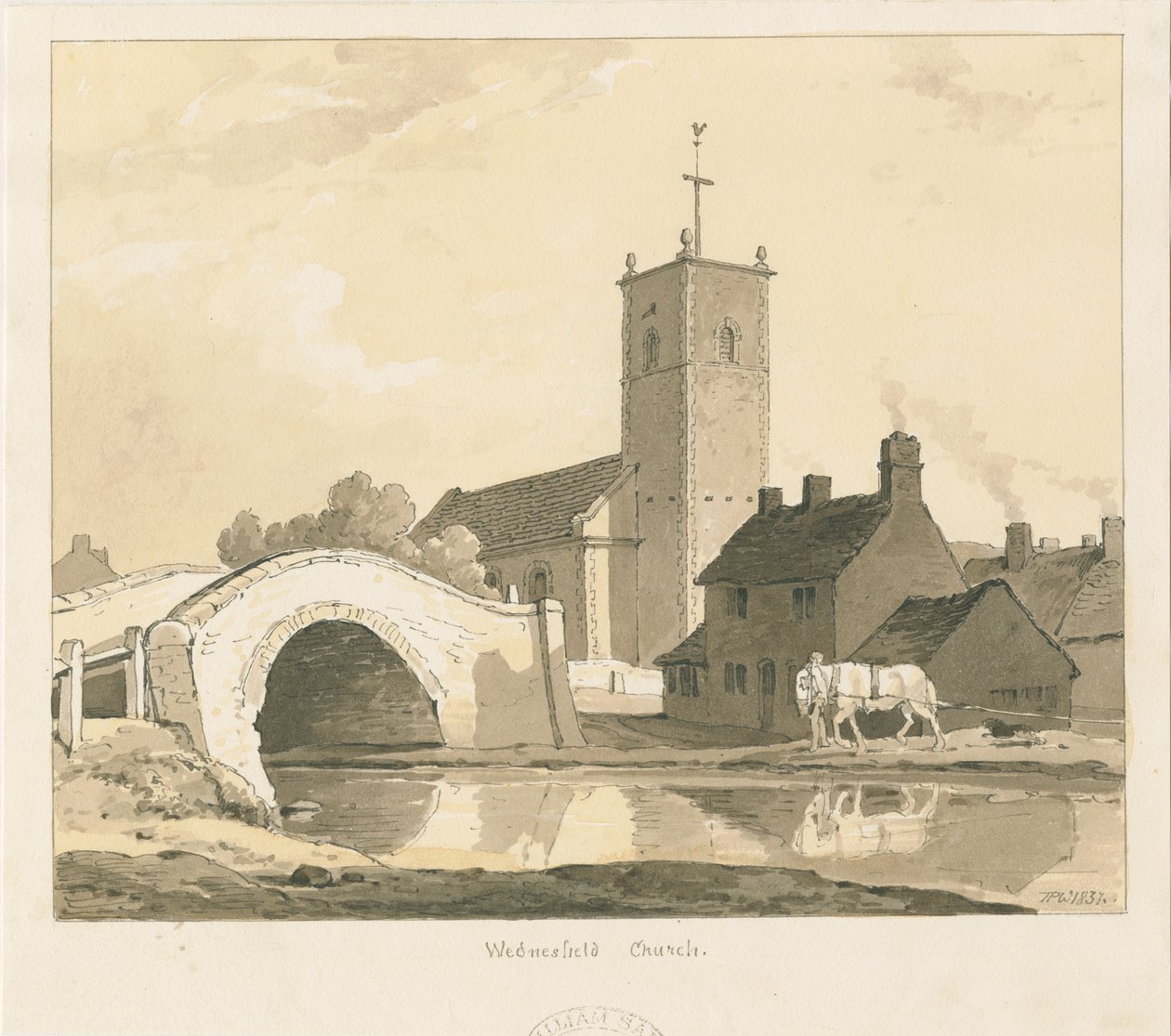 Wednesfield kirke og bro: sepia-tegning, 1837 av Thomas Peploe Wood