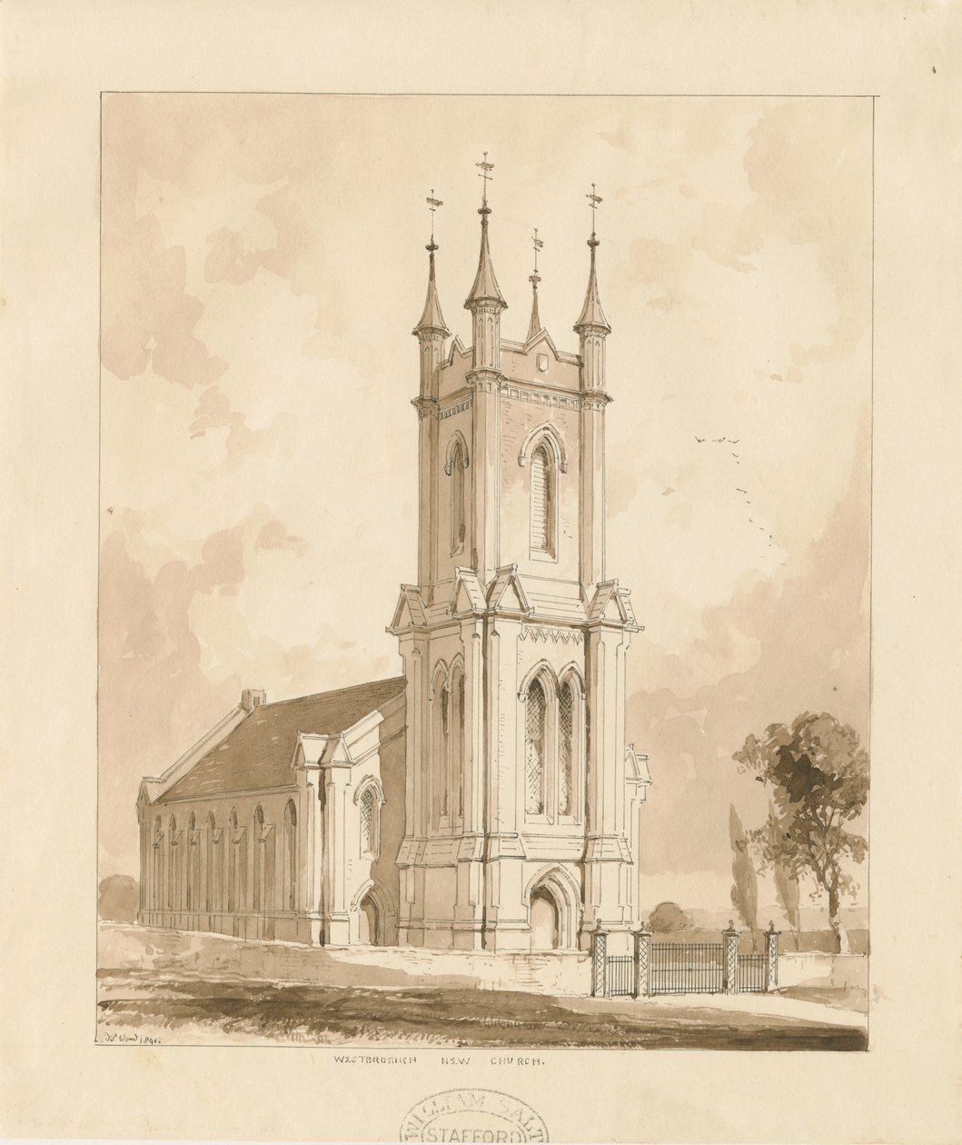 West Bromwich Church [Ny]: sepia vask tegning av Thomas Peploe Wood