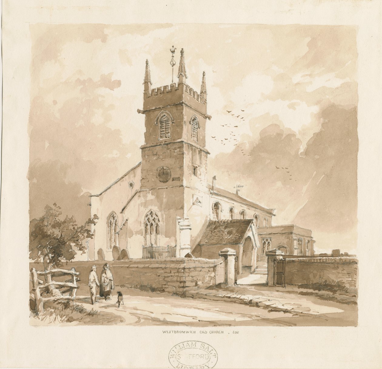 West Bromwich Church ["Old"]: blyant- og vasketegning, nd [1841, jf. XII.16b og WSL, D1986/3] av Thomas Peploe Wood