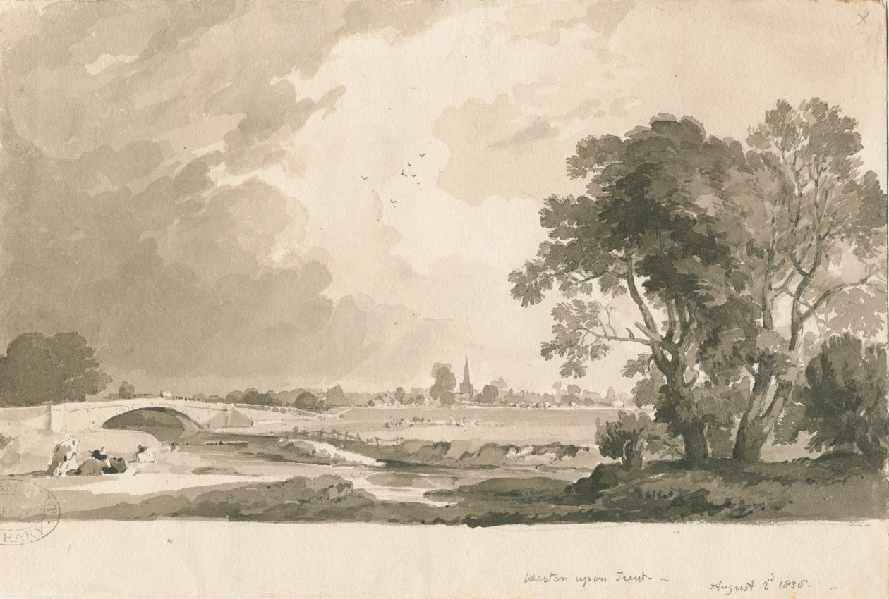Weston-on-Trent - Distant View: sepia- og blyantvask-tegning, 2. august 1838 av Thomas Peploe Wood