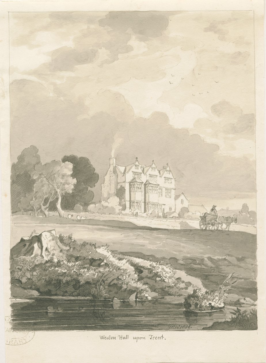 Weston-on-Trent - Hall: sepia-tegning av Thomas Peploe Wood