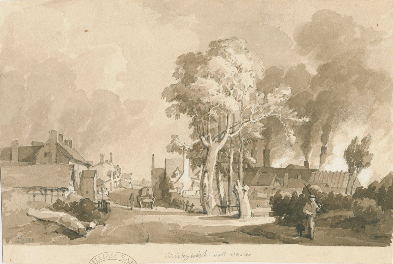 Weston-on-Trent - Shirleywich Saltworks: sepia vasketegning, 1838 av Thomas Peploe Wood