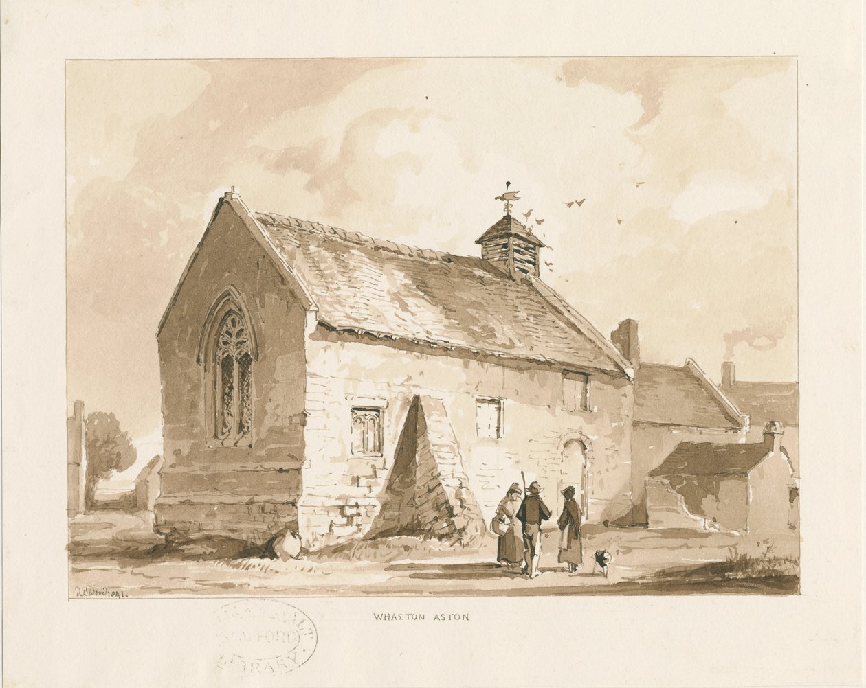 Wheaton Aston Chapel: sepia vasketegning, 1841 av Thomas Peploe Wood