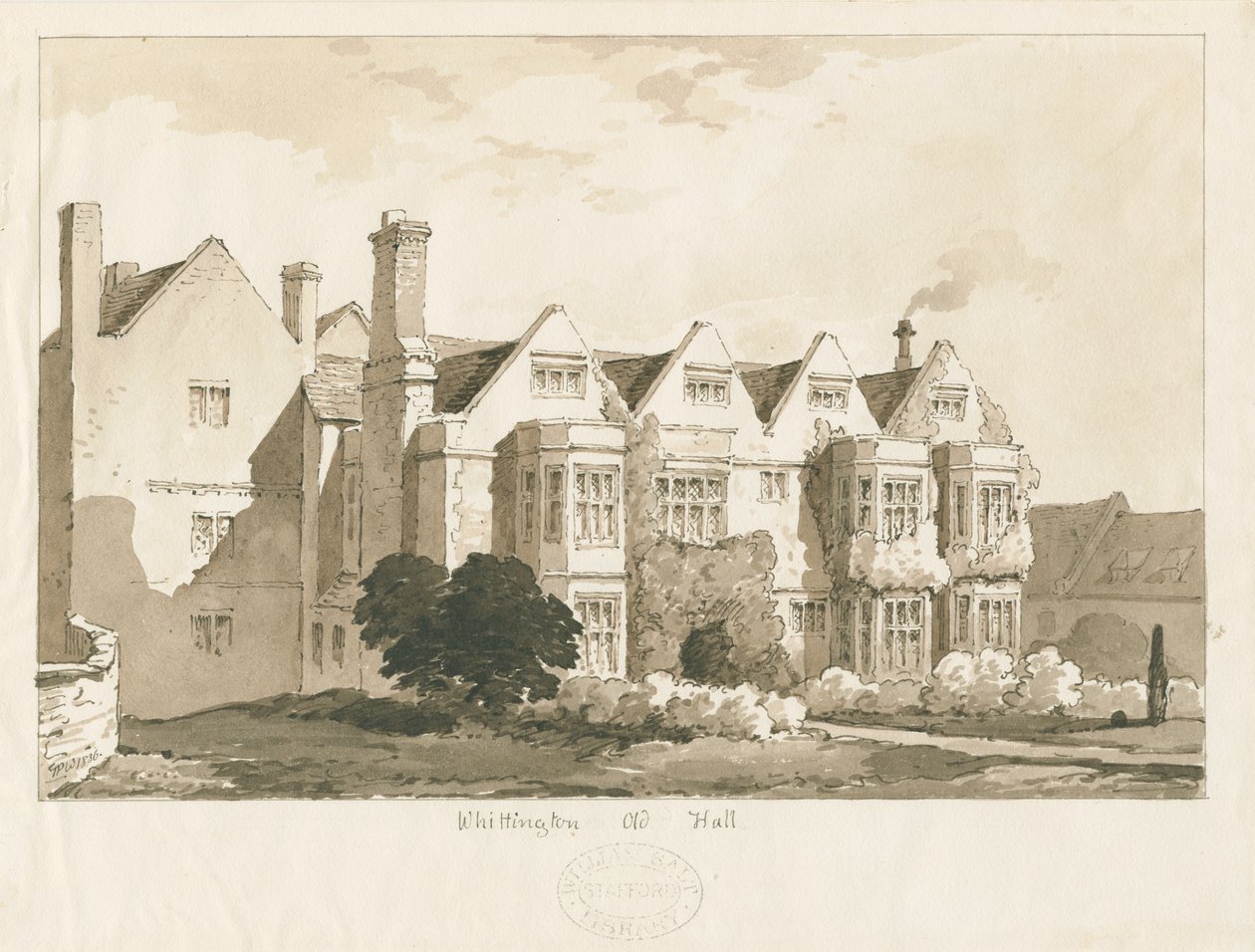 Whittington Hall: penn og vask tegning, 1836 av Thomas Peploe Wood
