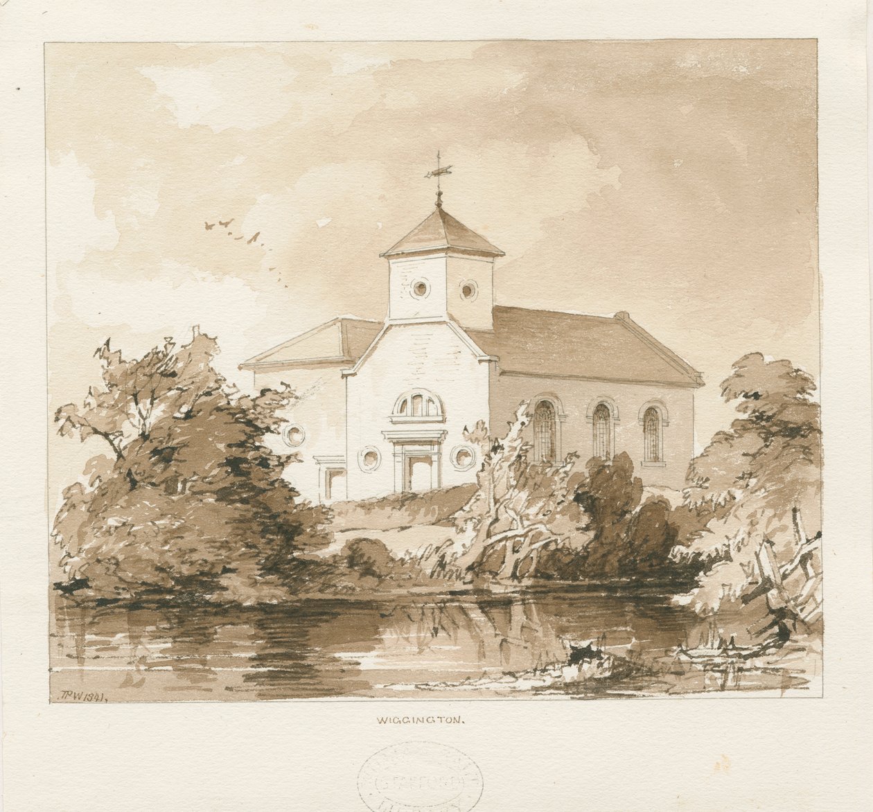 Wigginton Church: sepia vasketegning, 1841 av Thomas Peploe Wood