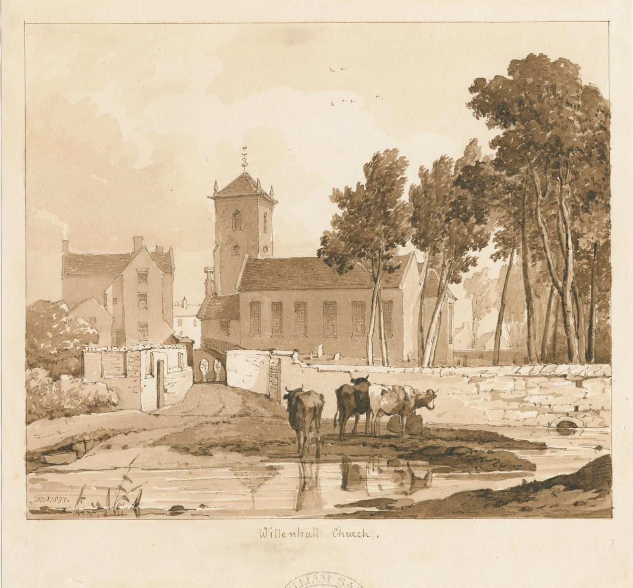 Willenhall kirke: sepia-tegning, 1837 av Thomas Peploe Wood