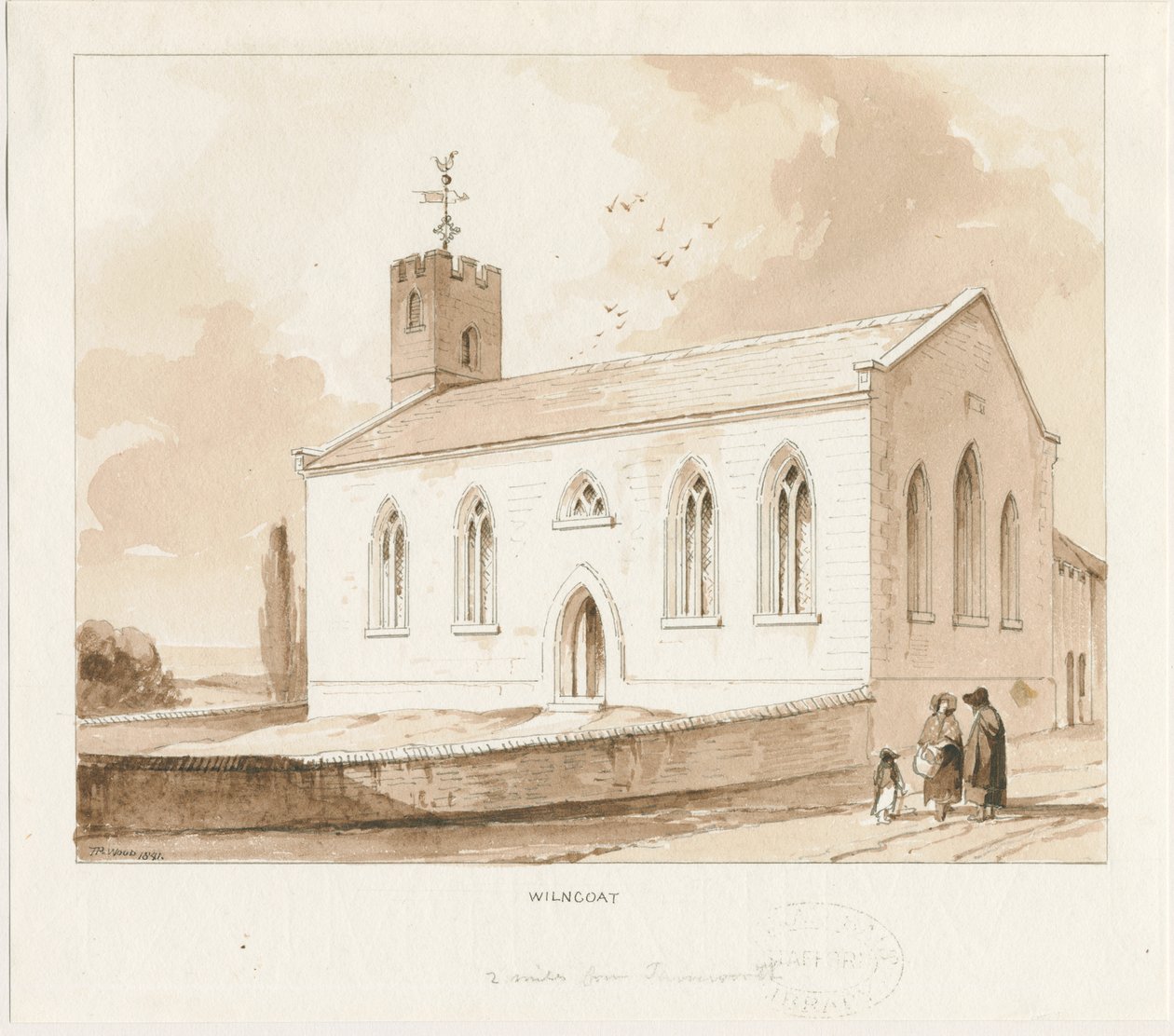 Wilnecote kirke: sepia vask tegning av Thomas Peploe Wood