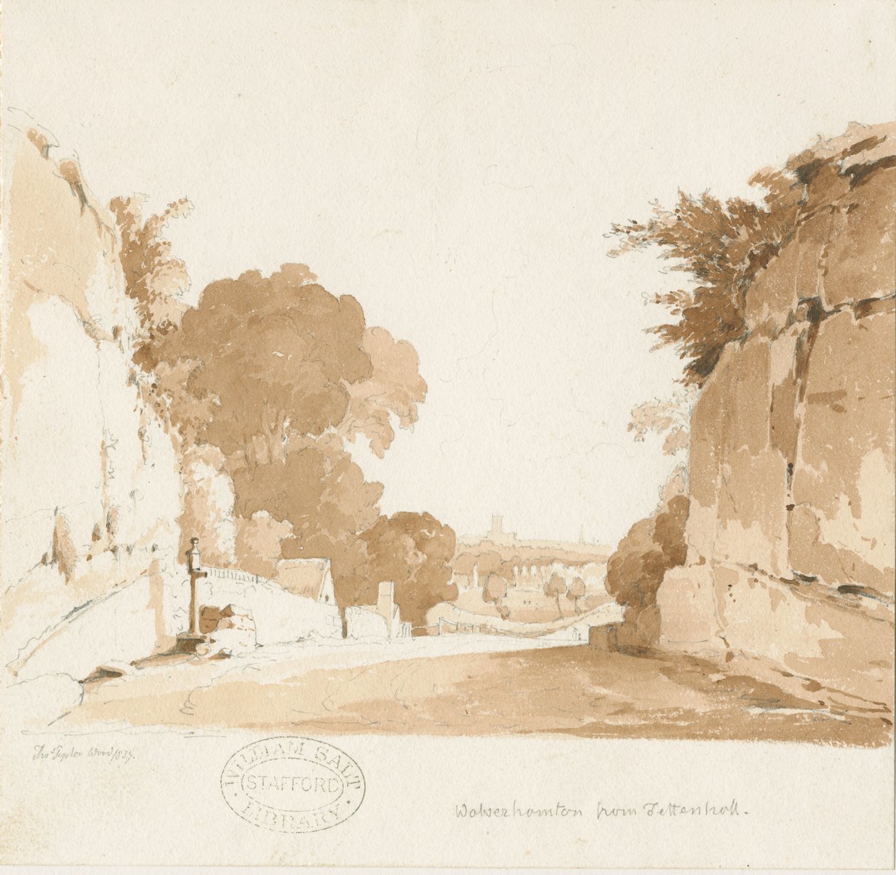 Wolverhampton - Fjernsyn fra Tettenhall: sepia-tegning, 1837 av Thomas Peploe Wood