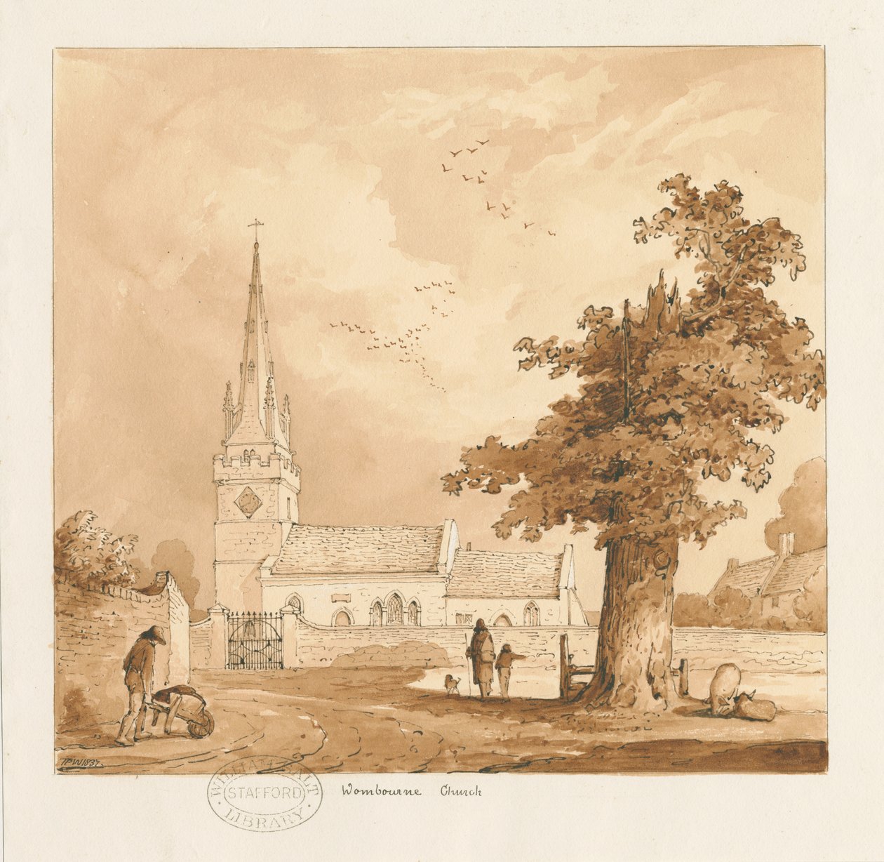 Wombourne Church: sepia-tegning av Thomas Peploe Wood