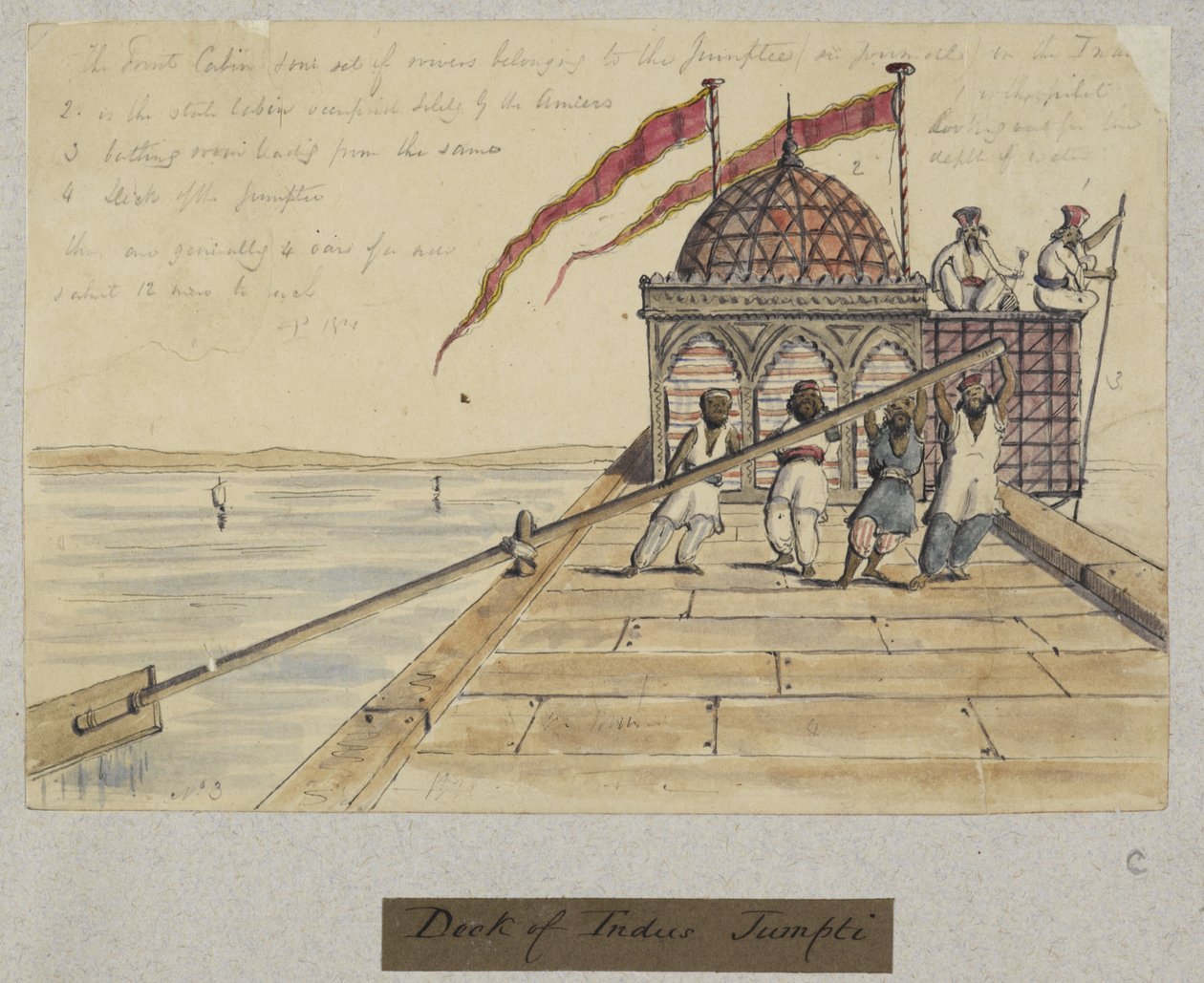 'Dekk av Indus Jumpti. TP 1841'. Fire menn som ror med en gigantisk åre, fra 'Album med 212 tegninger og 11 litografier som viser kostymer, yrker, natur og bygninger i Sind, Cutch og Bombay' av Thomas Postans