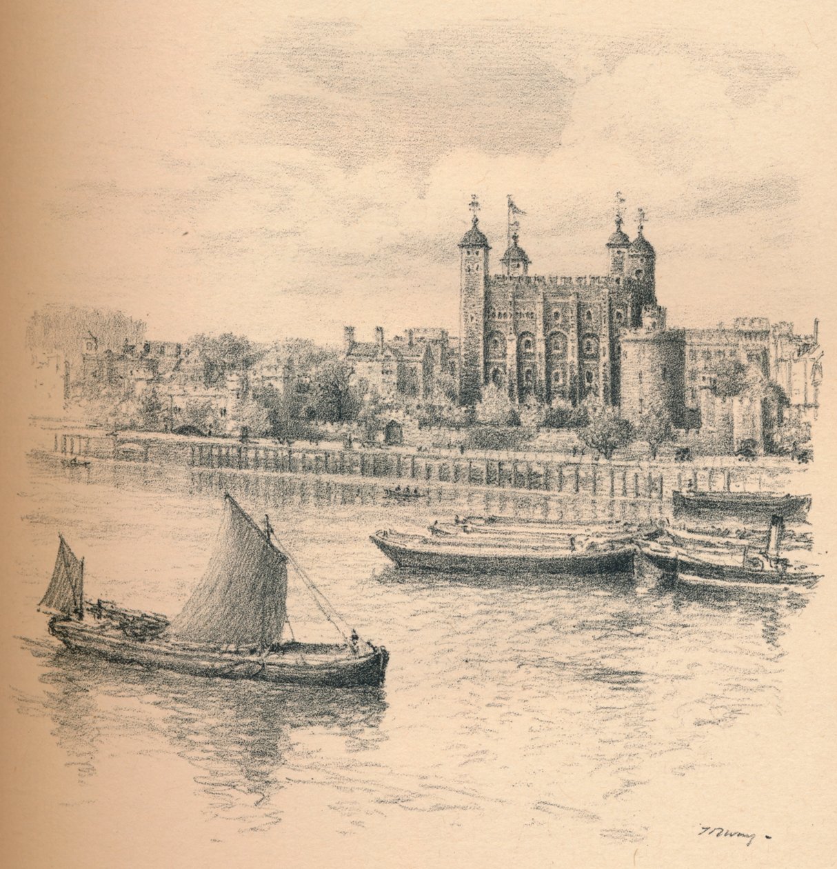 Tower of London fra Tower Bridge., 1902 av Thomas Robert Way