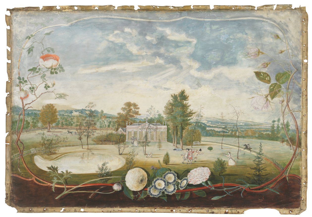 Drivhuset ved Woodside House, Old Windsor, i en kartusj dekorert med blomster av Thomas Robins