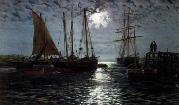 A Moonlit Harbor (olje på lerret) av Thomas Rose Miles